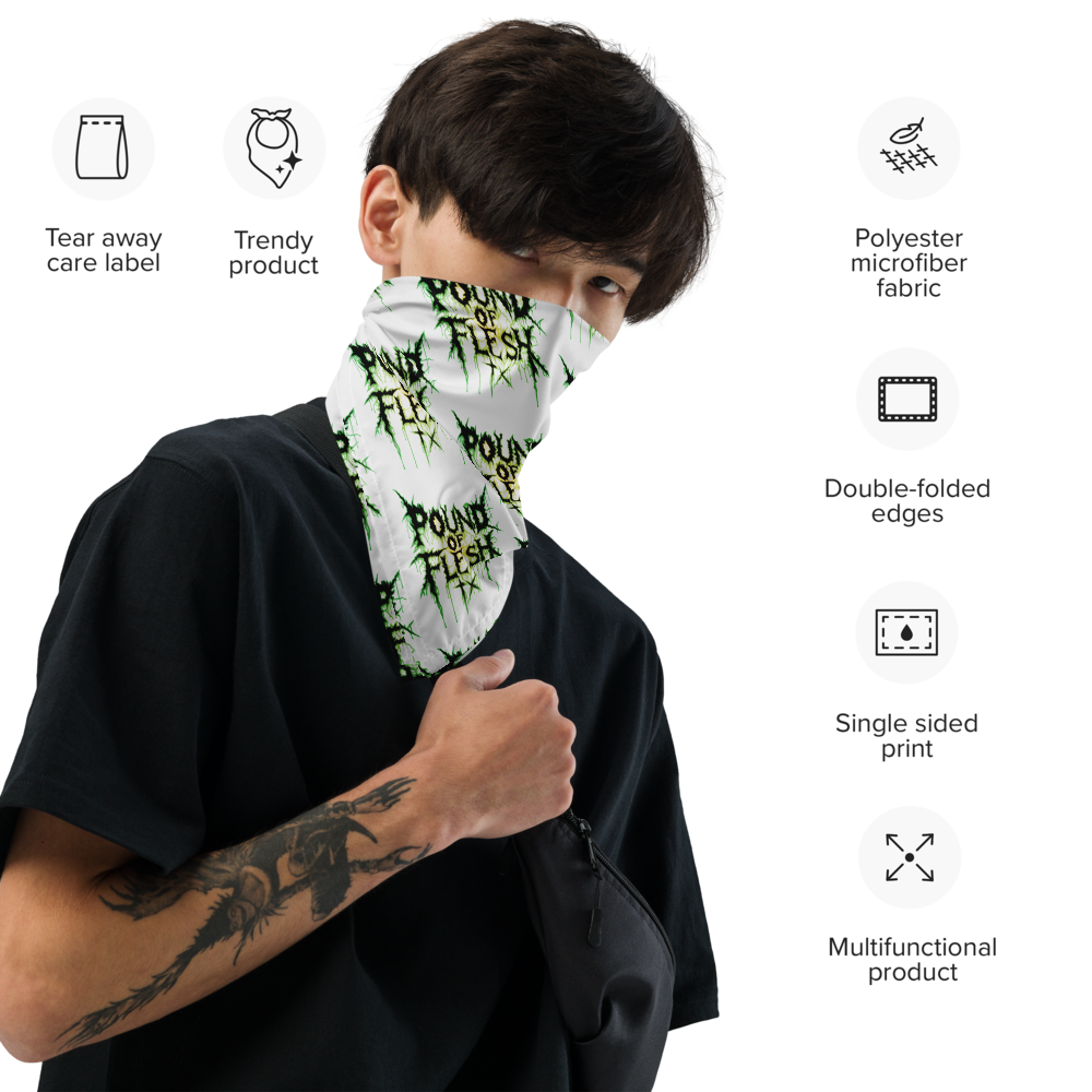 Man wearing a white bandana with the Pound of Flesh TX Logo outlined in green and yellow in a pattern around his neck and face.
